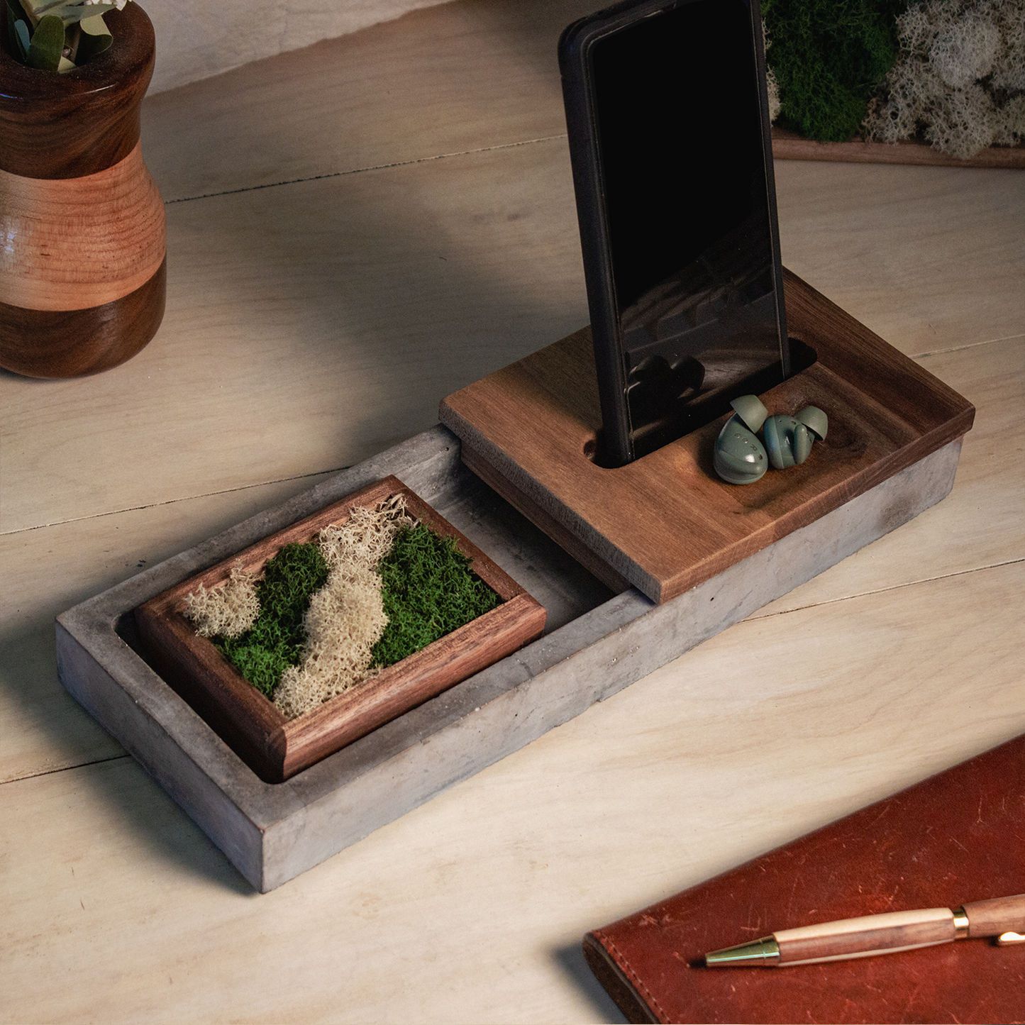 Concrete & Wood Desk Organizer with Phone Stand