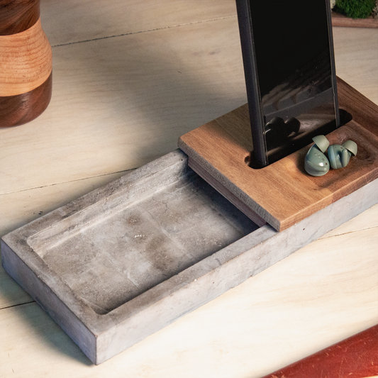 Concrete & Wood Desk Organizer with Phone Stand
