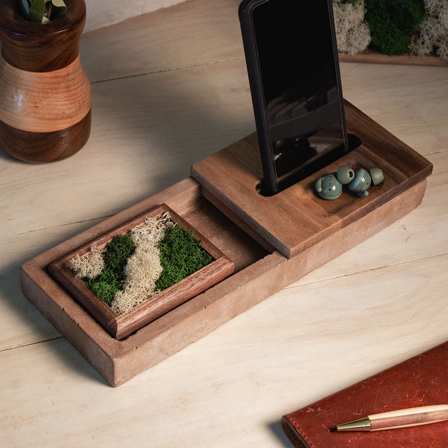 Concrete & Wood Desk Organizer with Phone Stand