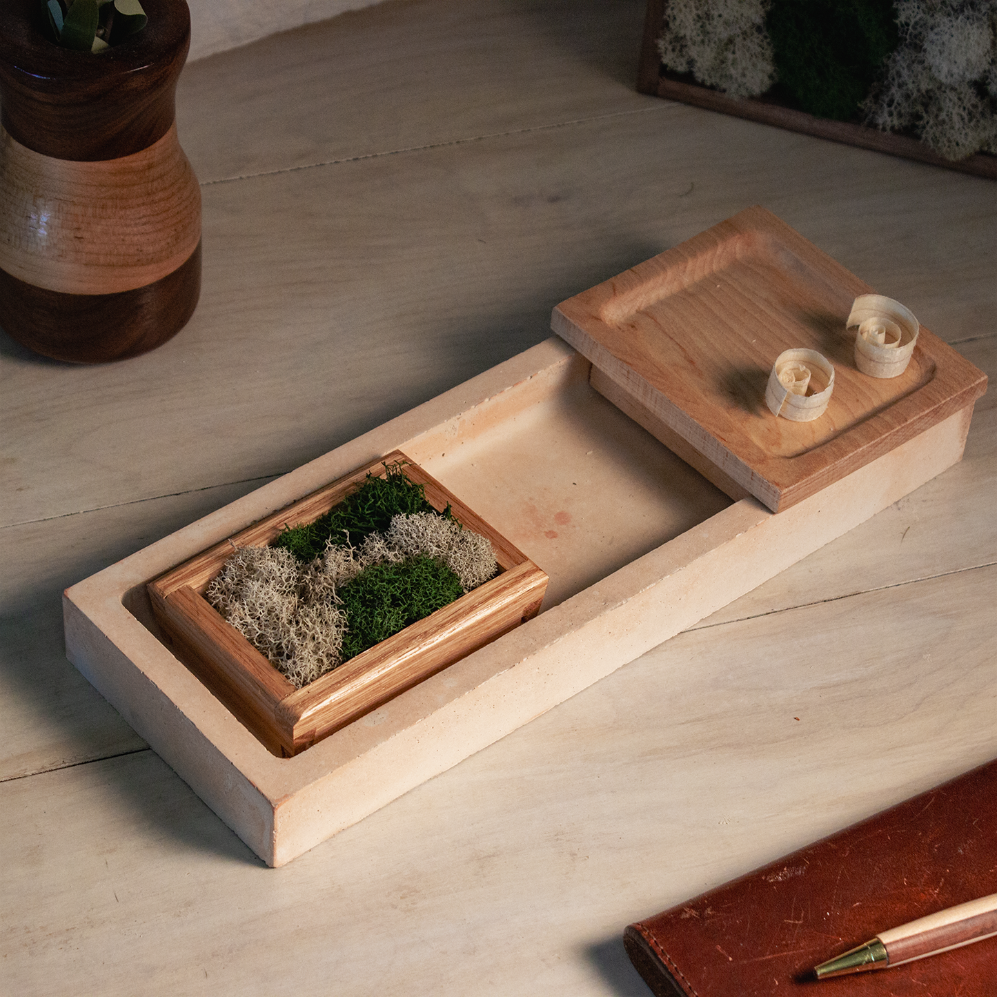 Concrete & Wood Desk Organizer with Phone Stand