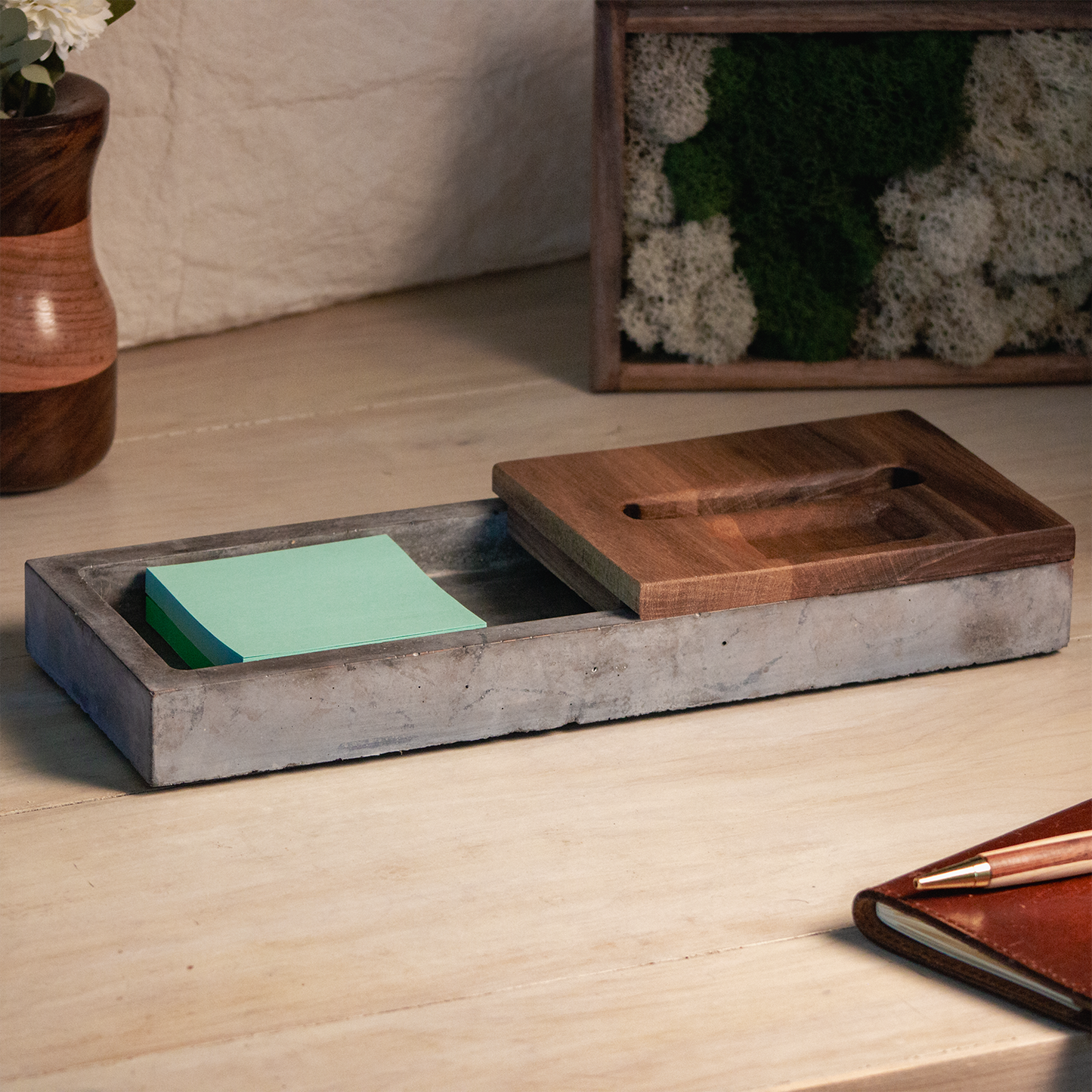Concrete & Wood Desk Organizer with Phone Stand