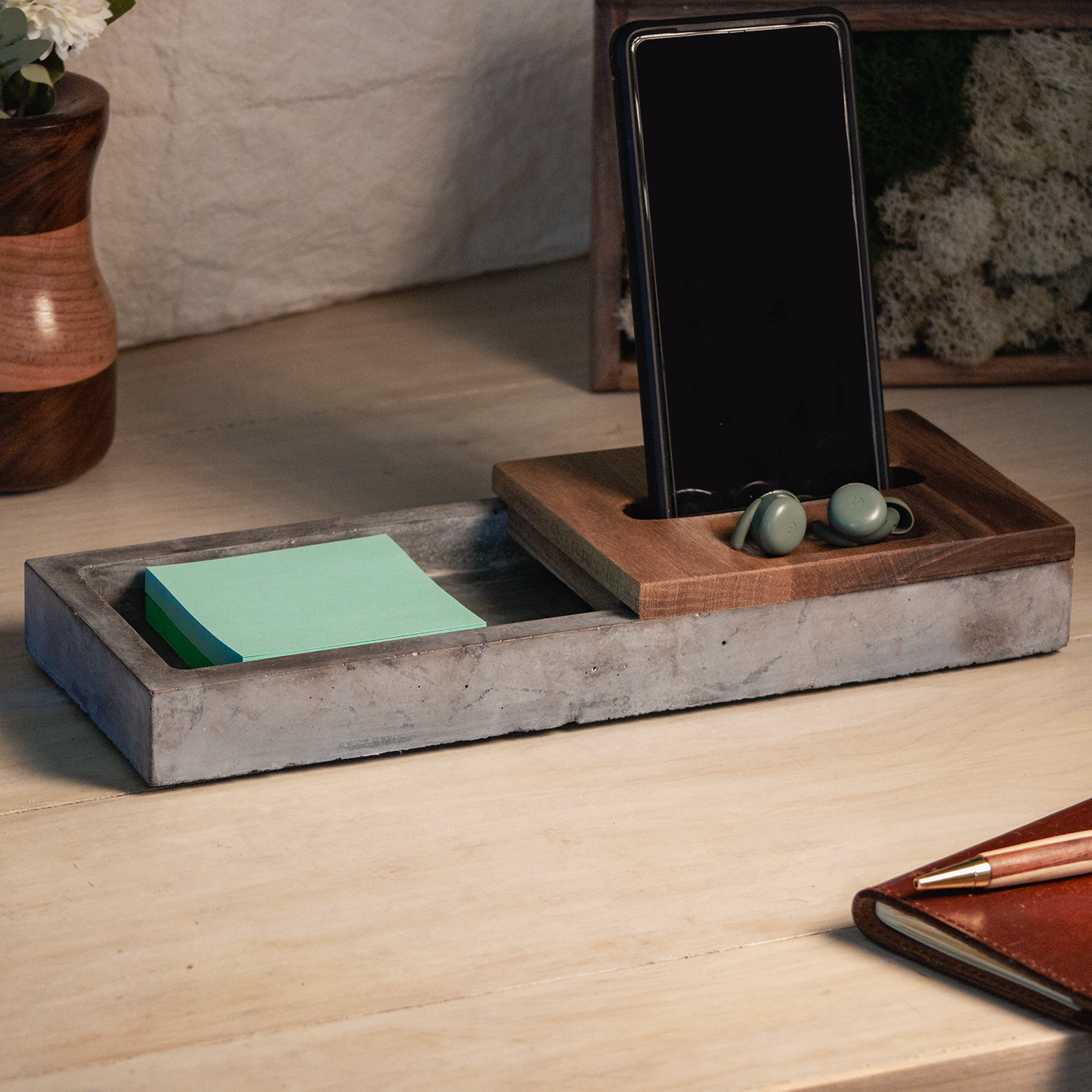 Concrete & Wood Desk Organizer with Phone Stand
