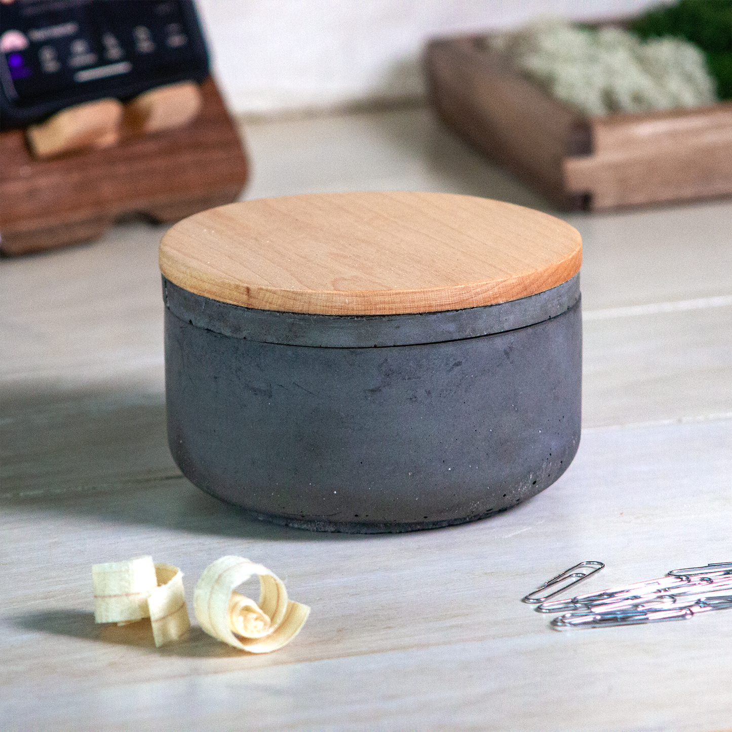 Wood and Concrete Storage Jar with Lid