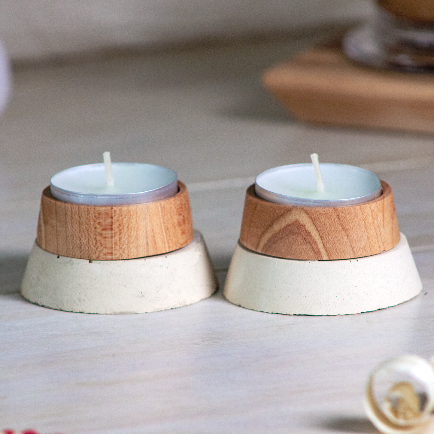 Wood and Concrete Tea Light Candle Holders - 2-Pack