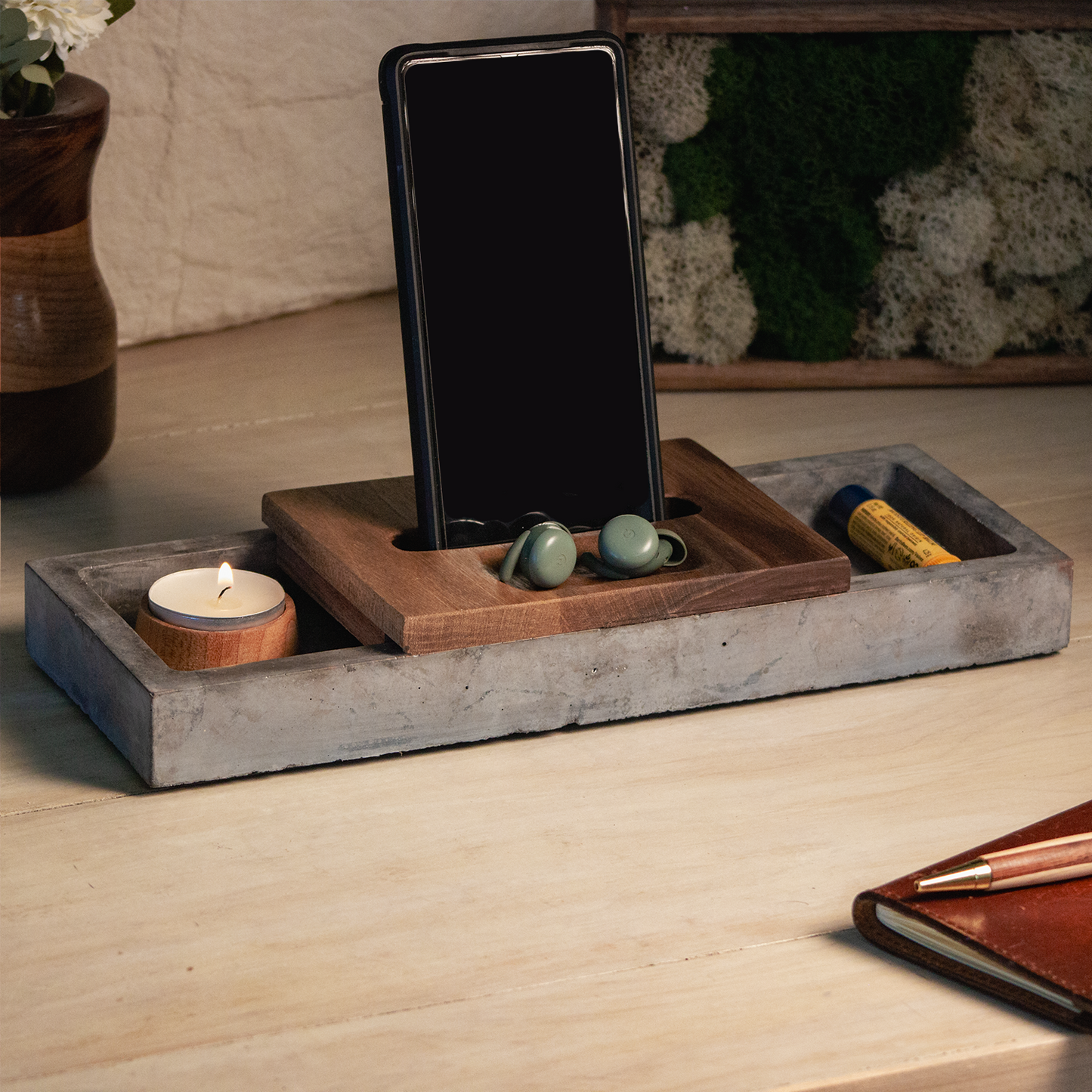 Concrete & Wood Desk Organizer with Phone Stand