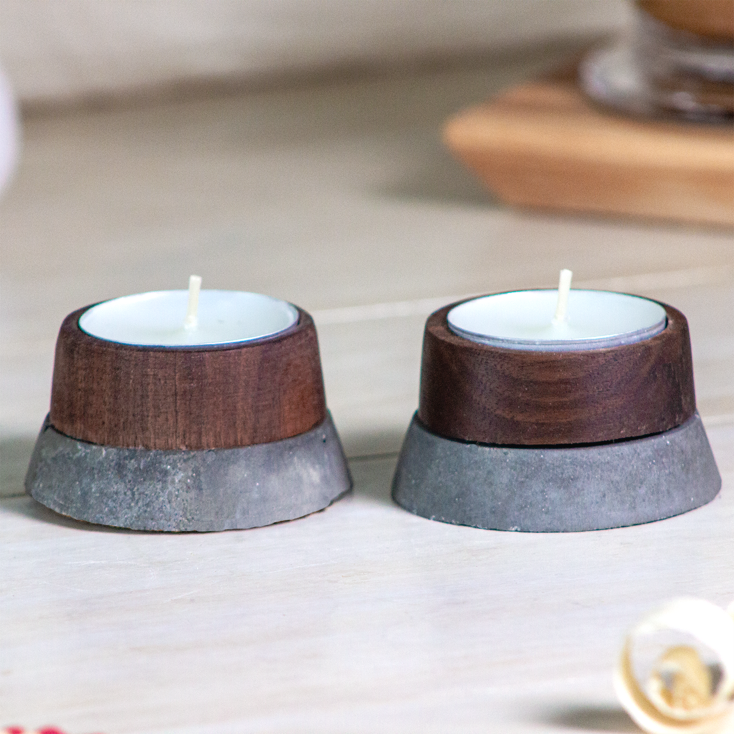 Wood and Concrete Tea Light Candle Holders - 2-Pack