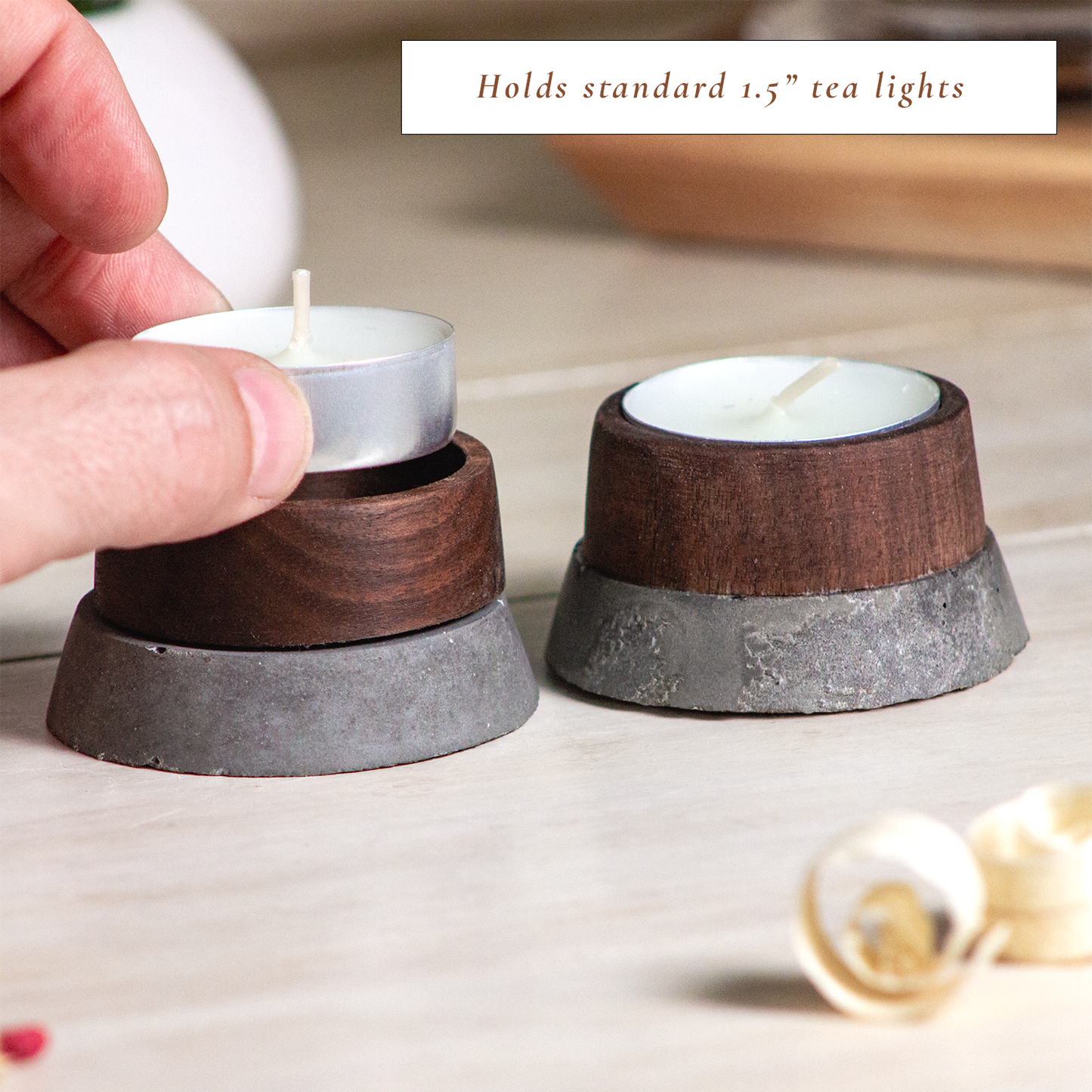 Wood and Concrete Tea Light Candle Holders - 2-Pack