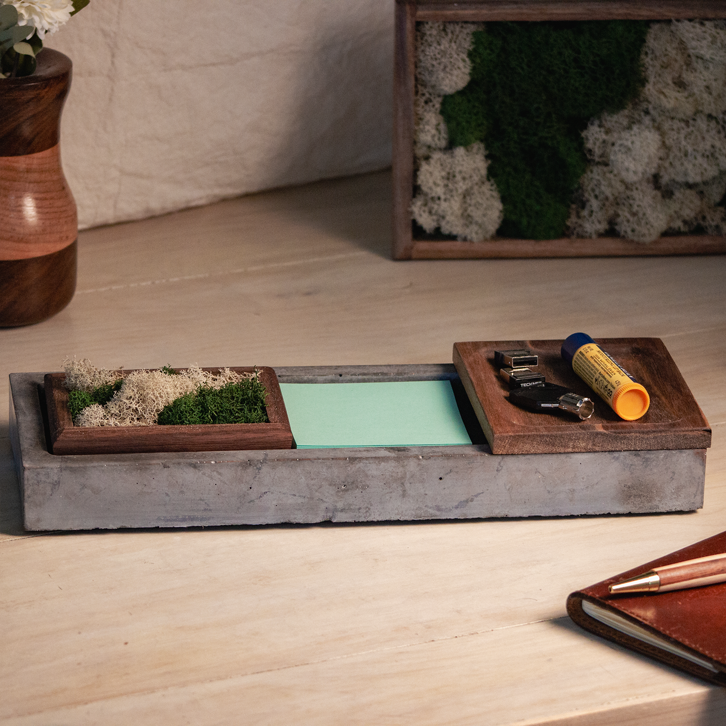Concrete & Wood Desk Organizer with Phone Stand