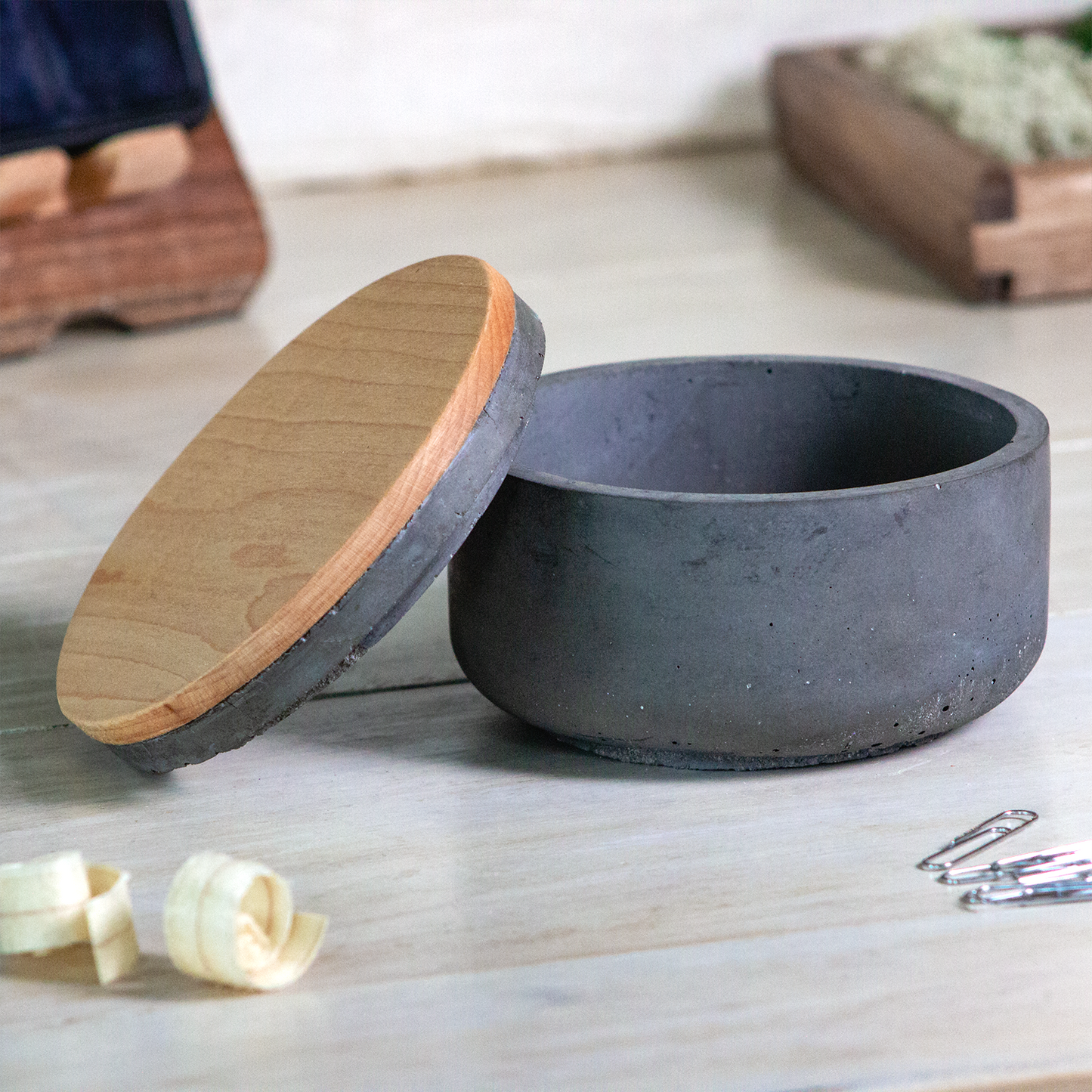 Wood and Concrete Storage Jar with Lid