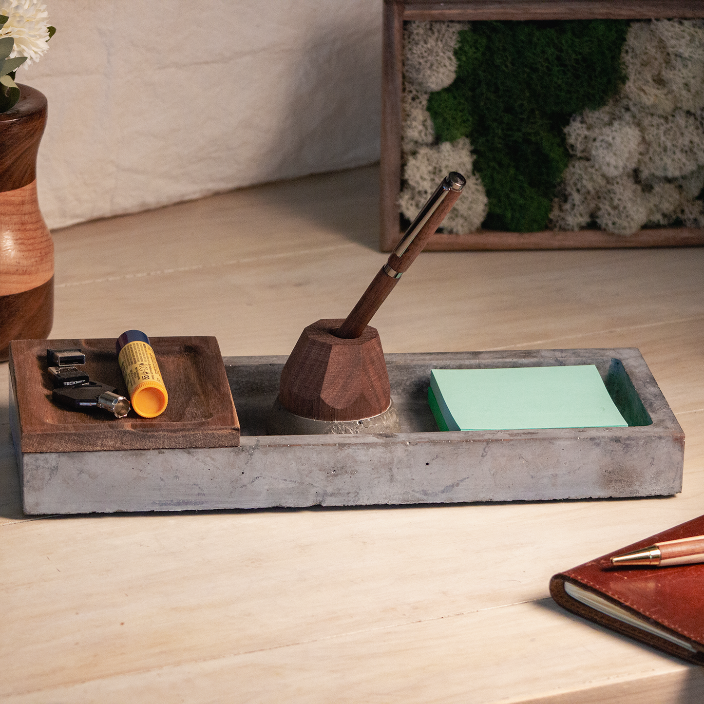 Concrete & Wood Desk Organizer with Phone Stand