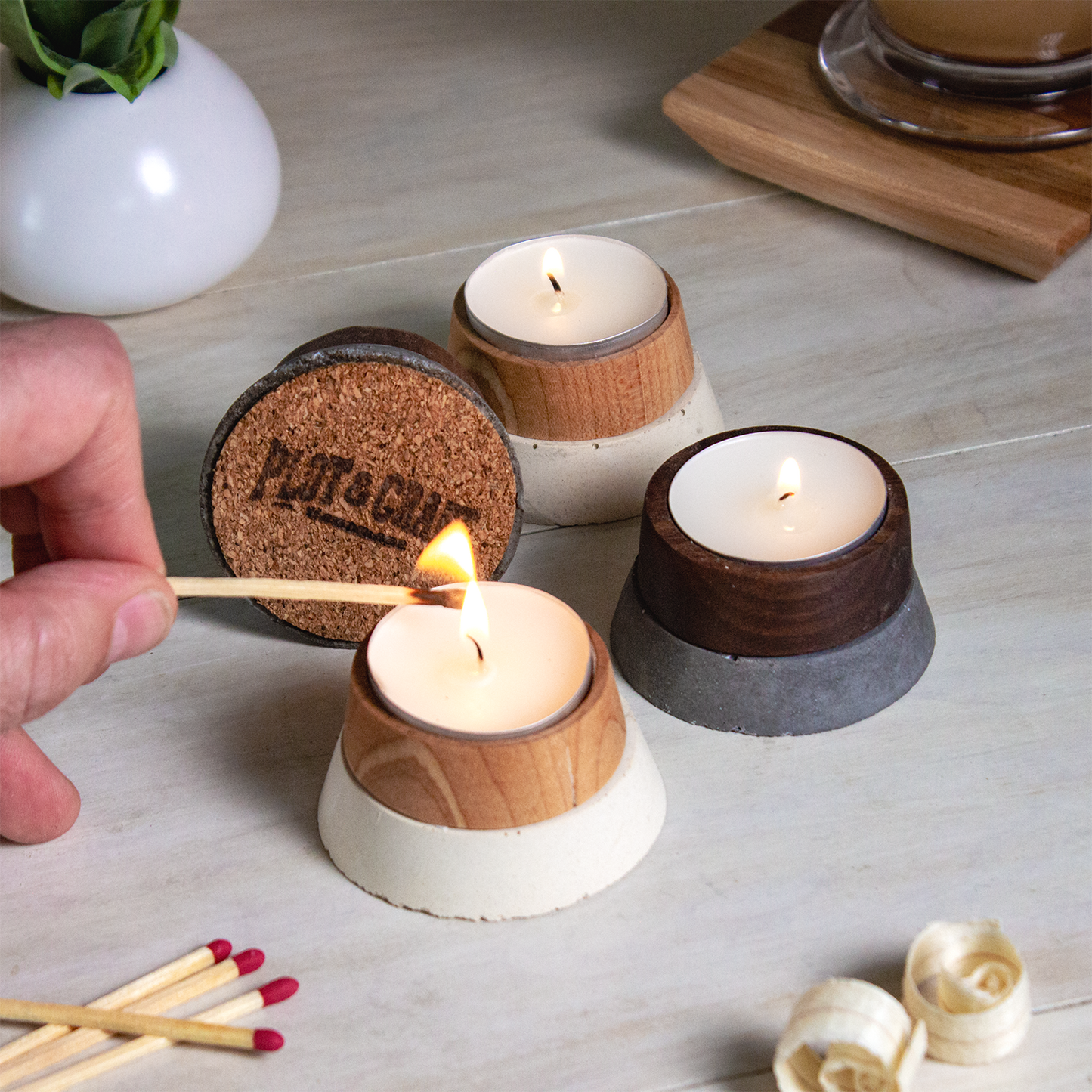 Wood and Concrete Tea Light Candle Holders - 2-Pack